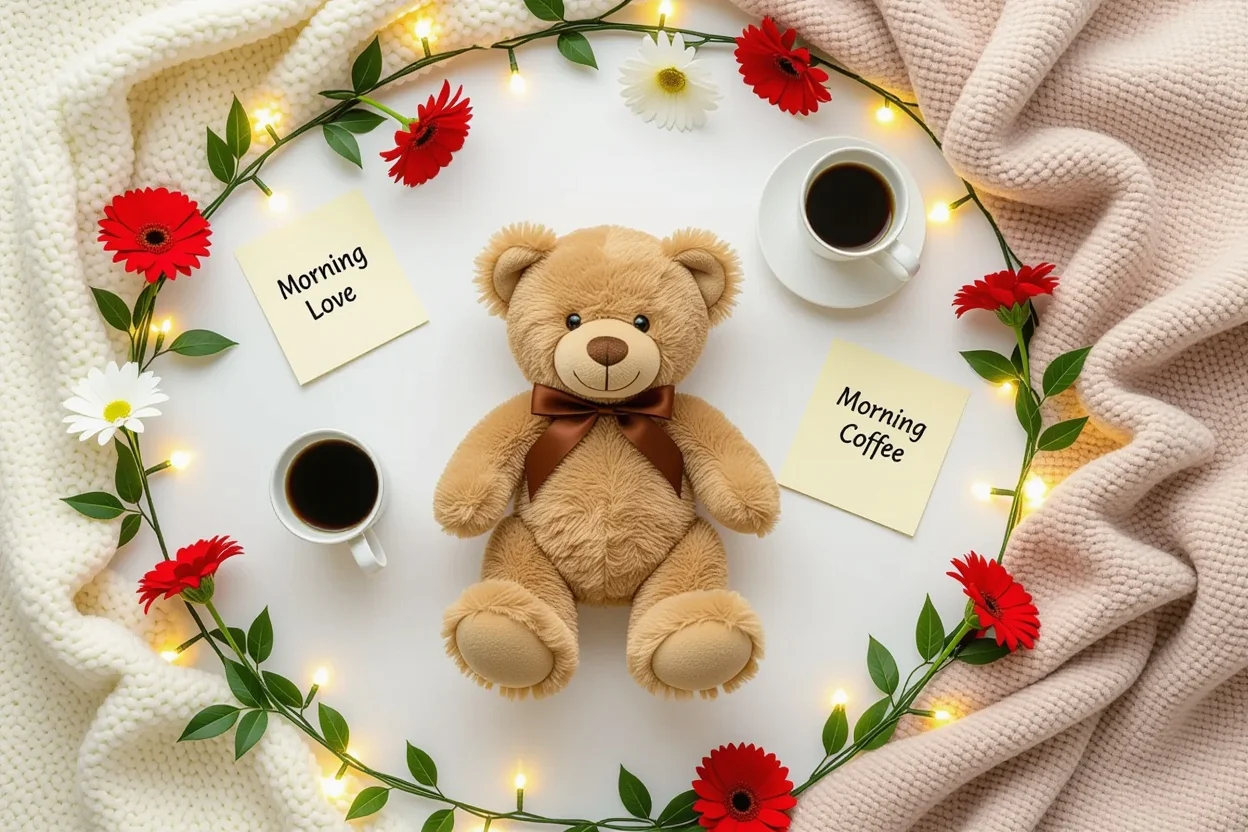 Romantic teddy bear gift flat lay with everyday love symbols and decorations