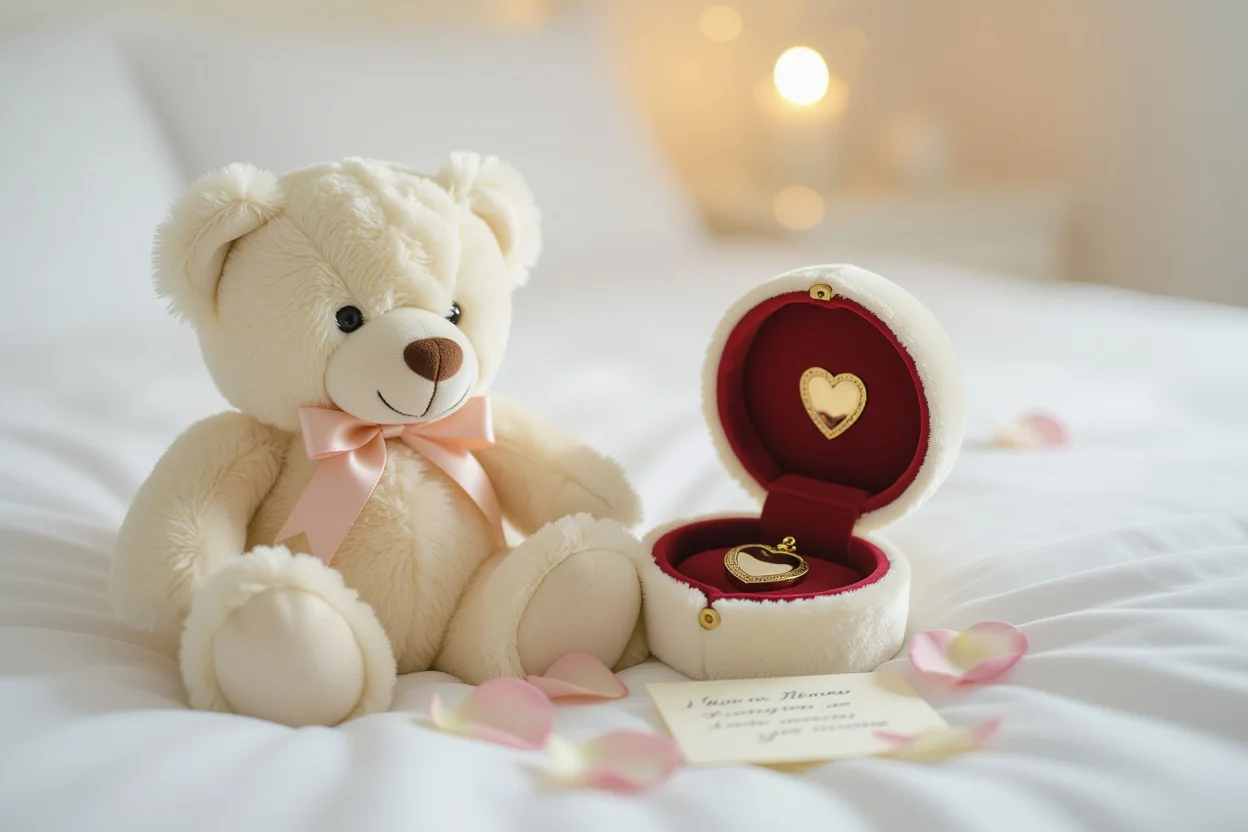 Romantic teddy bear with hidden surprise compartment revealing gold locket - ultimate Valentine's Day gift