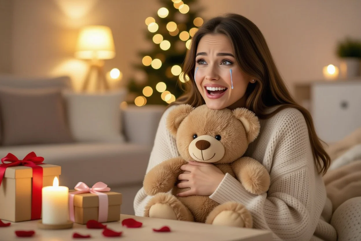 Woman crying tears of joy while holding romantic teddy bear gift - emotional gift-giving moment