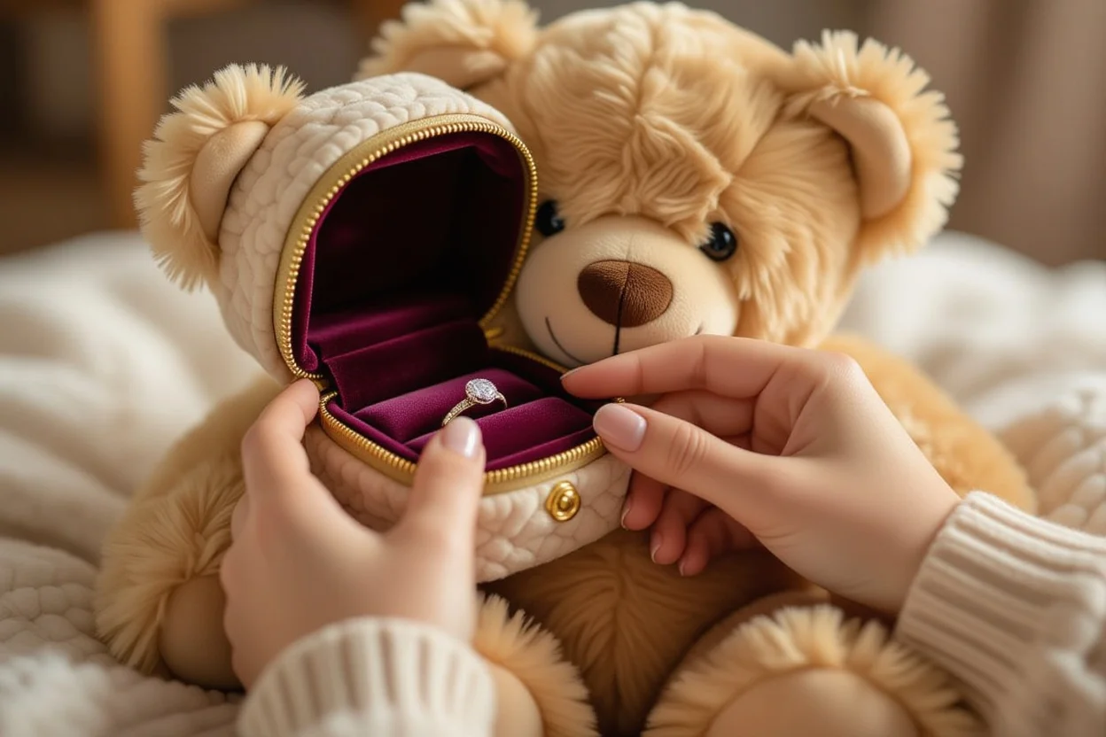 Hands opening secret compartment in teddy bear revealing hidden jewelry - unique romantic gift idea