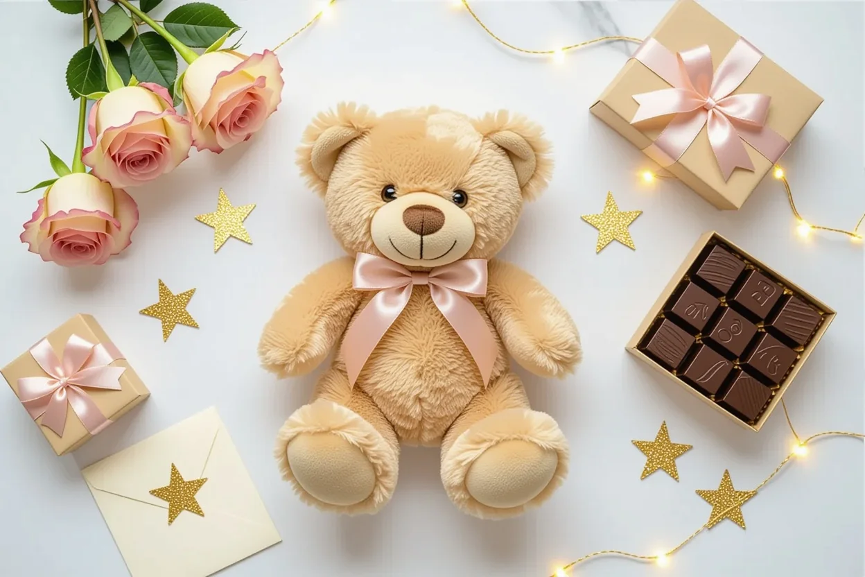 Romantic gift guide flat lay featuring teddy bear with hidden surprise and luxury Valentine's gifts
