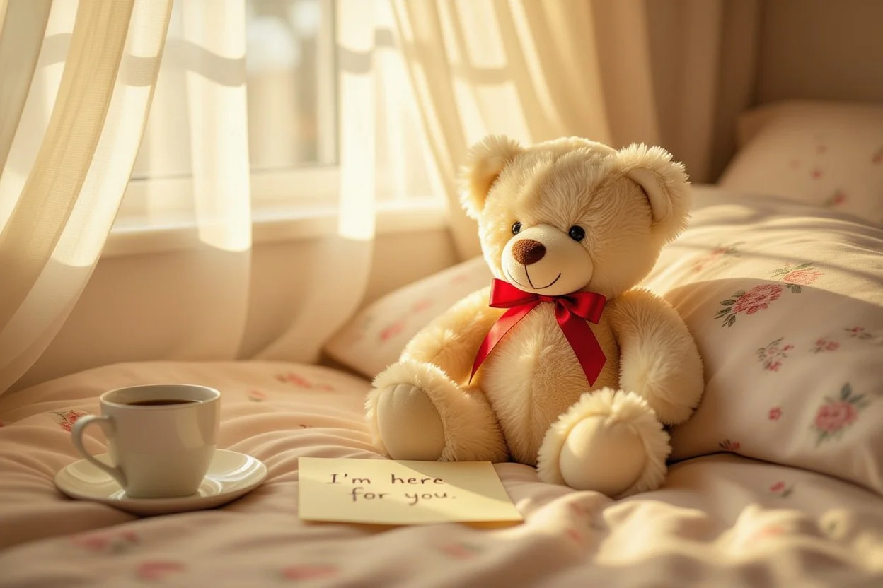 Romantic teddy bear gift with note on bed - meaningful everyday romantic gift ideas