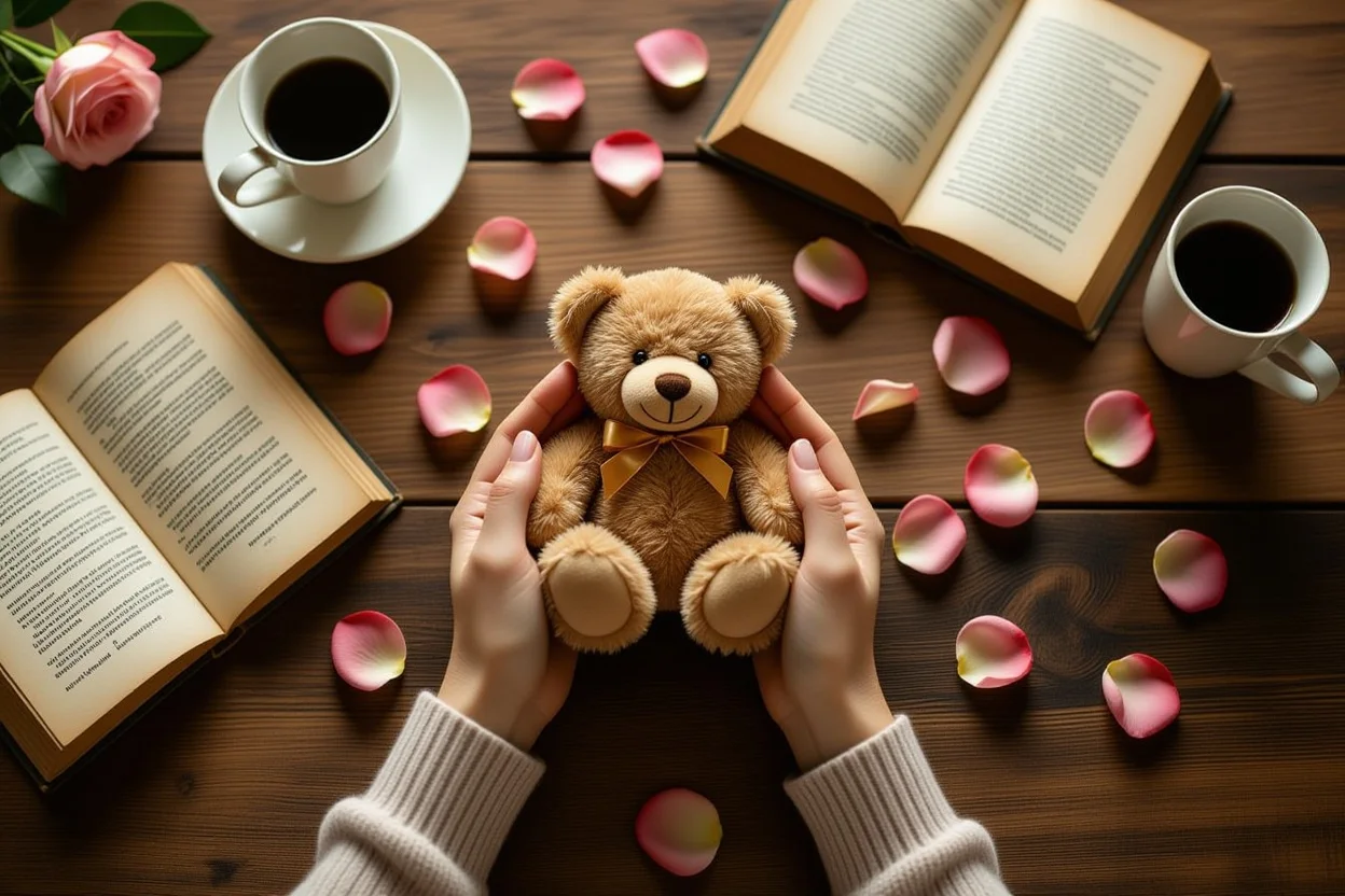 Couple sharing teddy bear romantic gift - hands holding meaningful present together