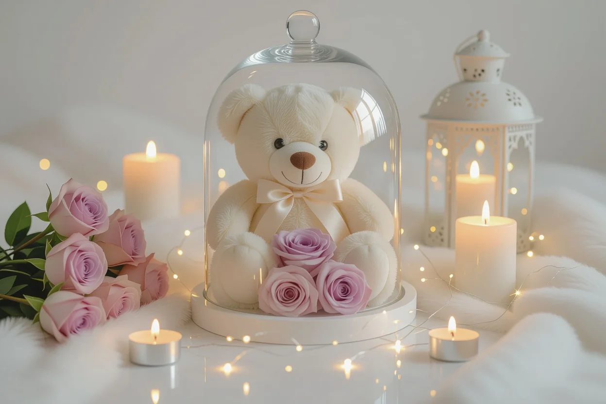 Romantic gift arrangement with teddy bear and preserved flowers - thoughtful romantic presents