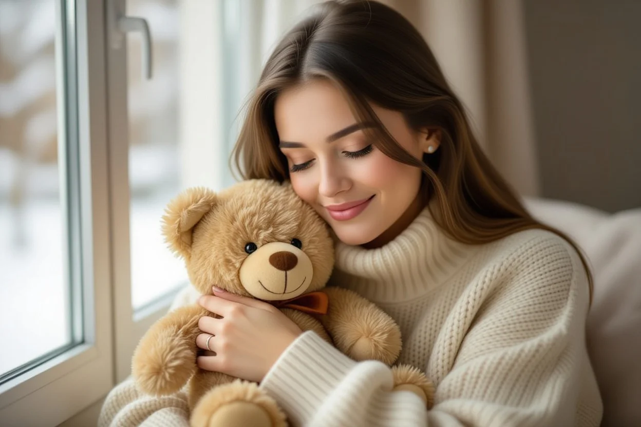 Woman holding romantic teddy bear gift with joy - meaningful romantic gestures that matter