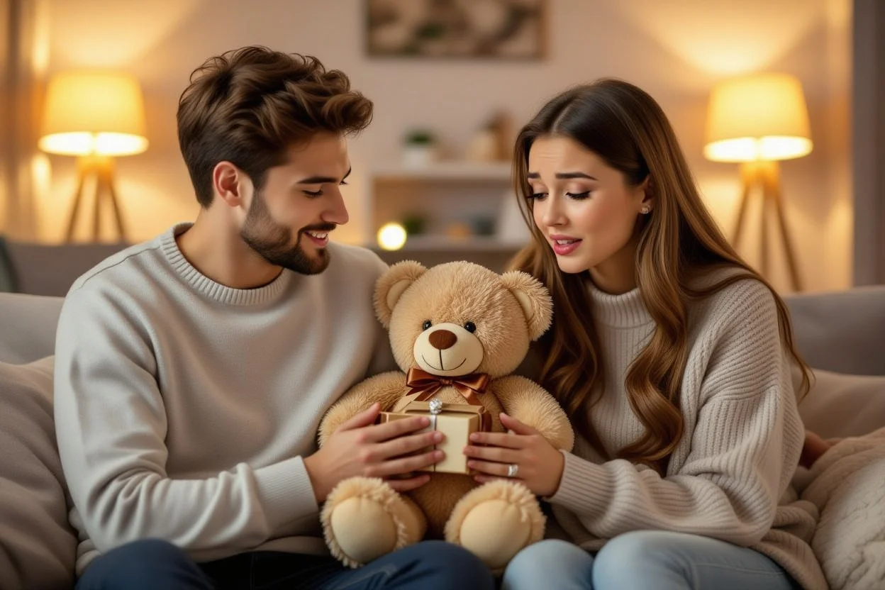 Couple reconciling with romantic teddy bear apology gift surprise moment
