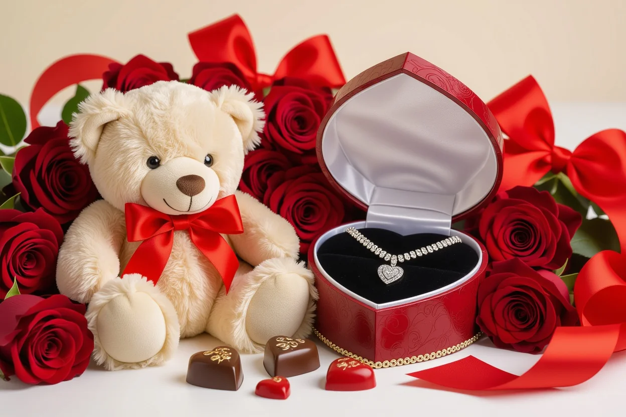 Valentine's Day romantic gift set with teddy bear and jewelry for girlfriend