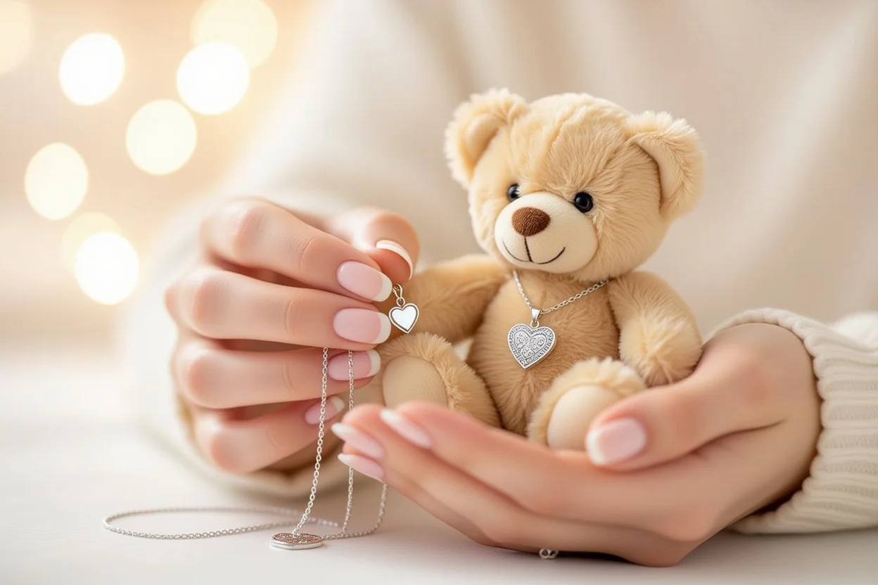 Woman discovering hidden necklace surprise inside romantic teddy bear gift