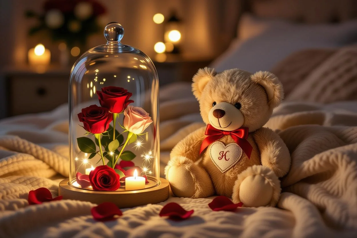 Personalized teddy bear with preserved roses romantic gift arrangement for Valentine's Day