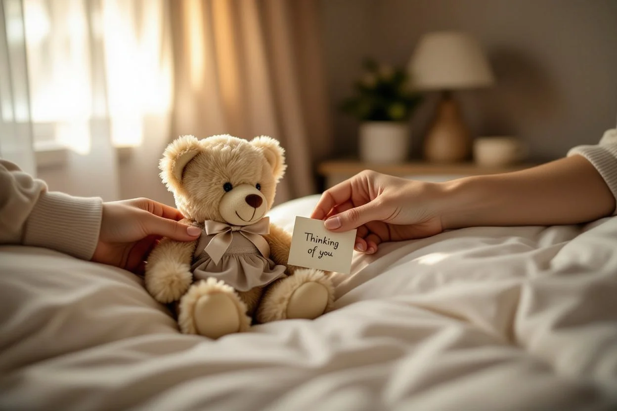Surprise teddy bear gift being placed as a thinking of you gesture in bedroom