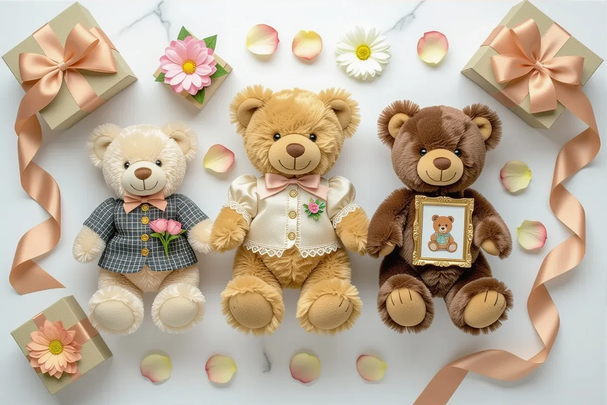 Collection of unique personalized teddy bear gifts displayed in gift guide style arrangement