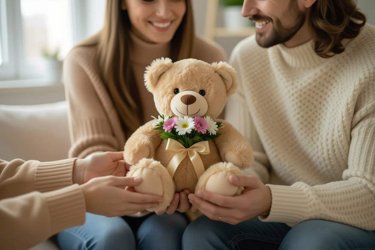 Hands giving unique teddy bear with flowers as surprise romantic gift between couple