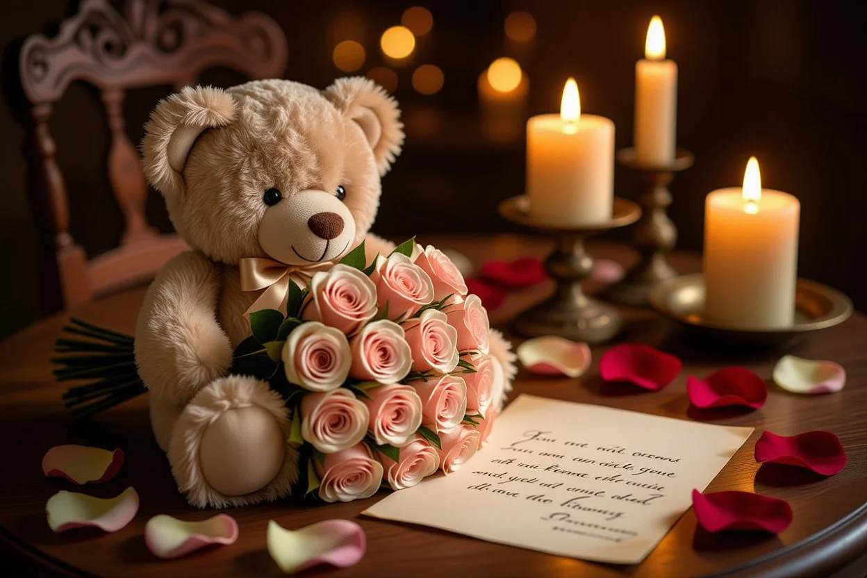 Romantic teddy bear gift with preserved roses and candlelight for Valentine's Day or anniversary