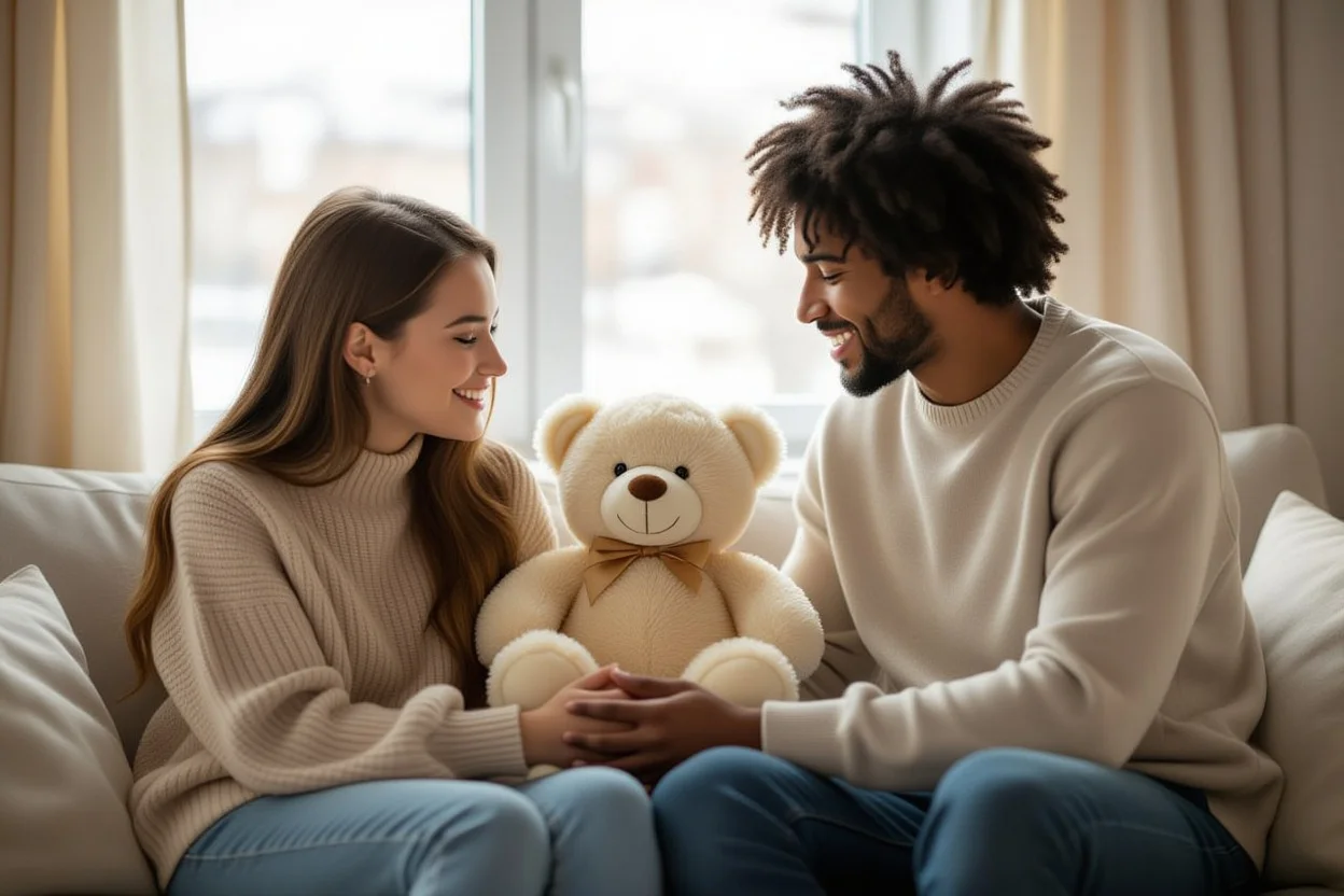 Couple reconciling with romantic teddy bear gift after argument - relationship healing moment