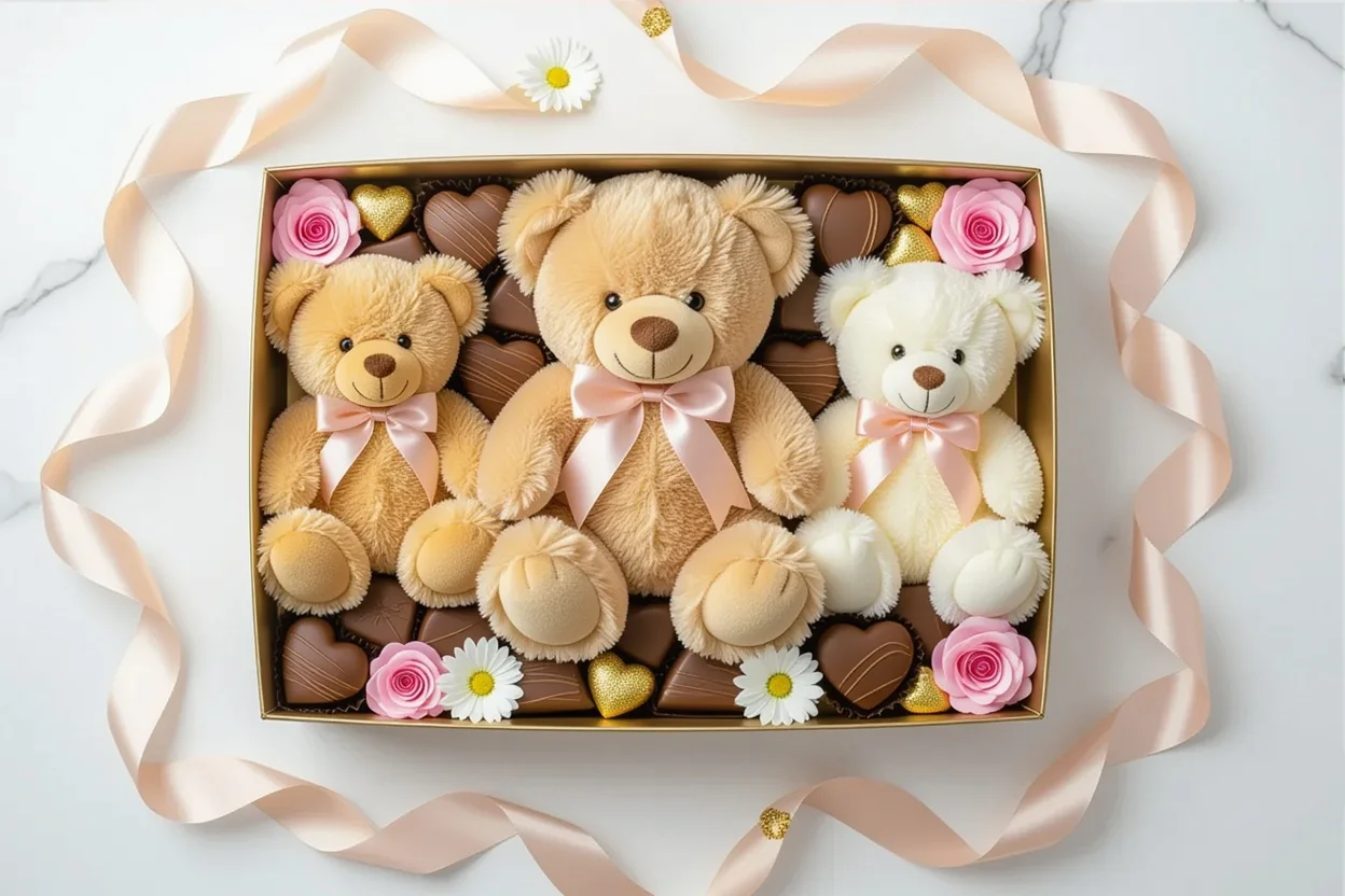 Luxury teddy bear gift collection with chocolates and flowers for romantic occasions