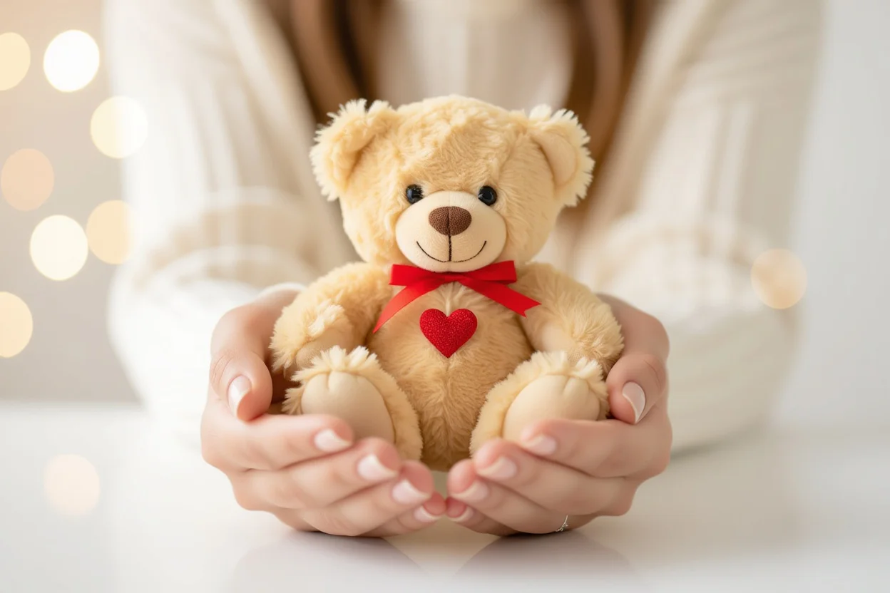 Hands holding romantic teddy bear with heart - meaningful gift for expressing love and apology