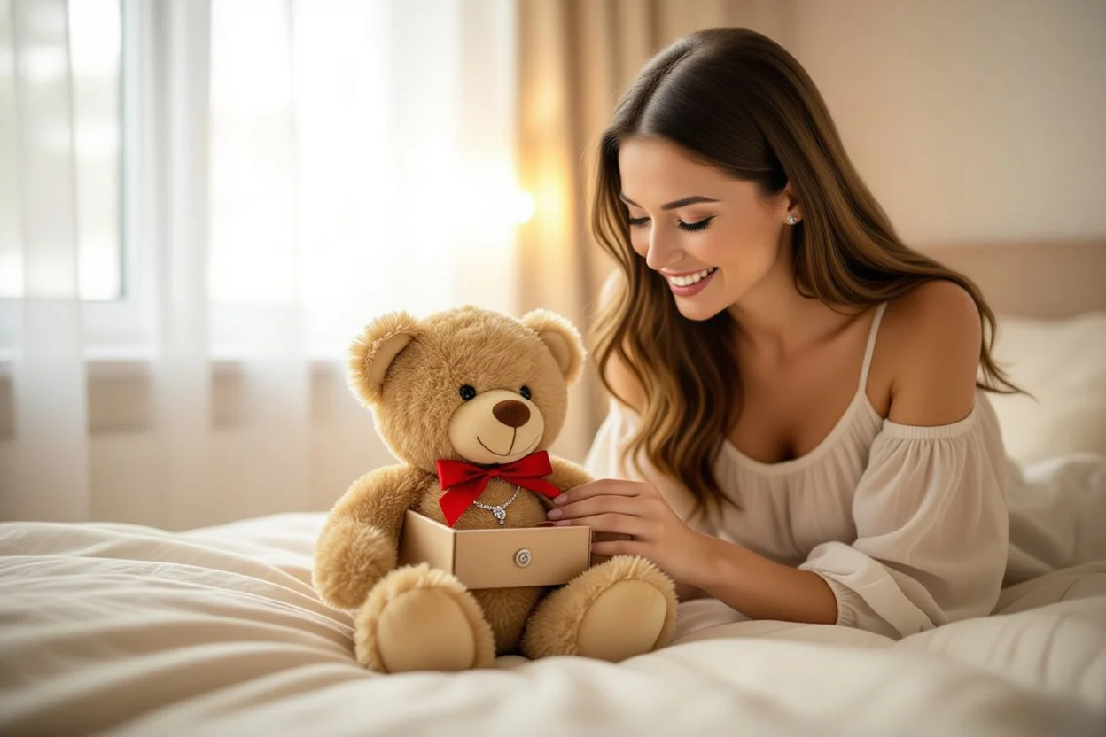 Woman discovering hidden necklace surprise in teddy bear - romantic gift moment