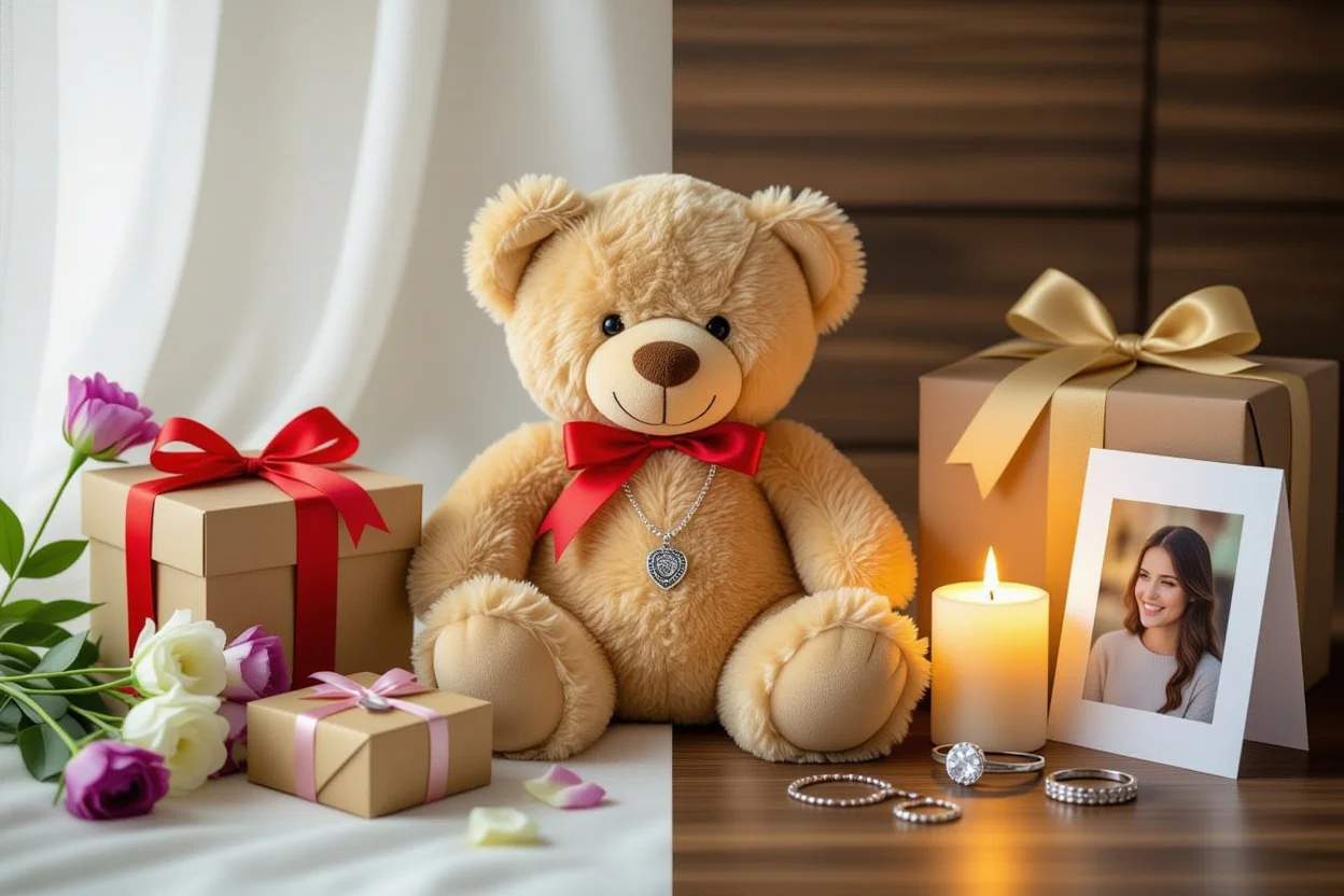 Comparison of fleeting gifts versus forever lasting gifts including teddy bear with necklace
