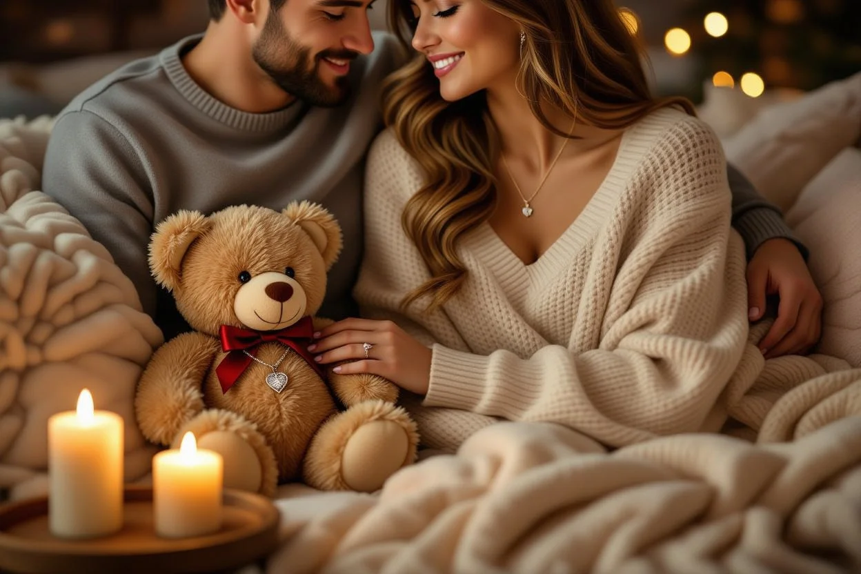 Romantic couple anniversary moment with teddy bear necklace gift - enduring love