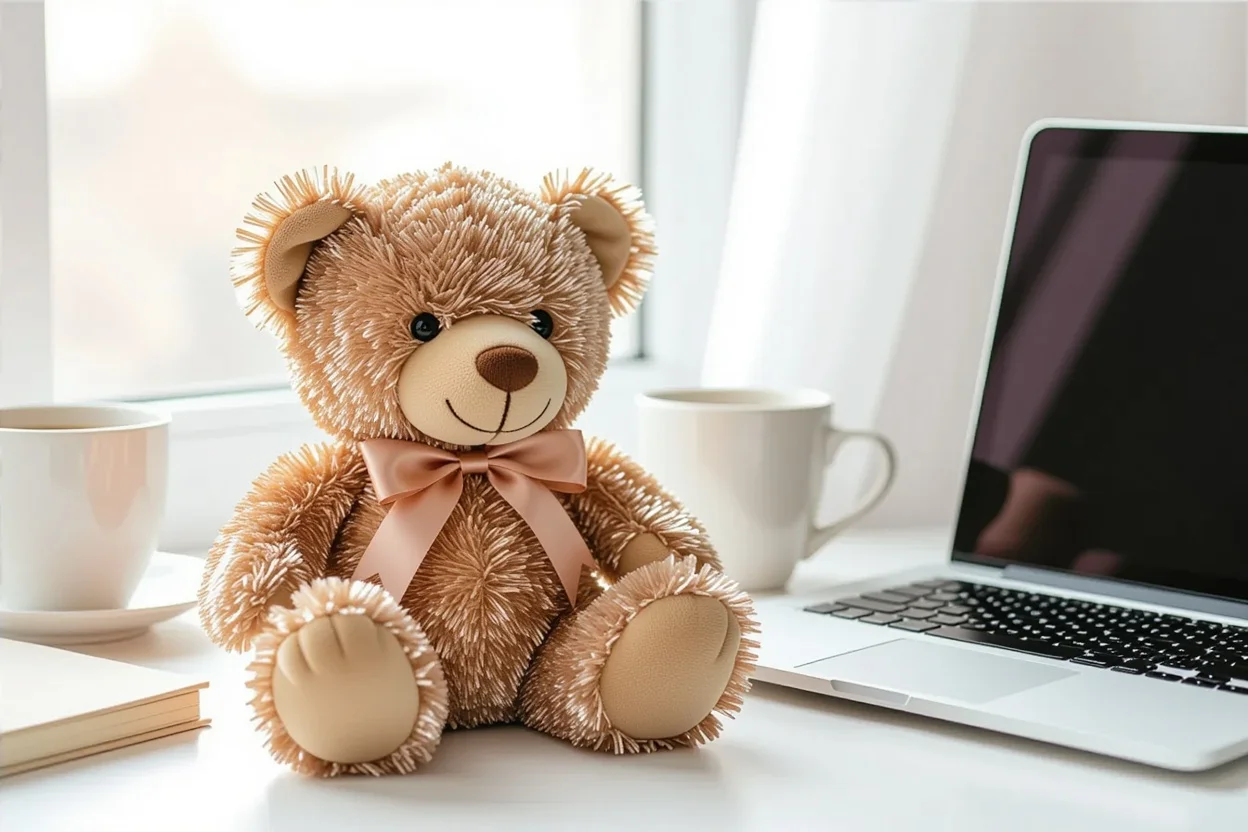 Elegant metallic rose gold teddy bear gift with hidden compartment sitting on desk