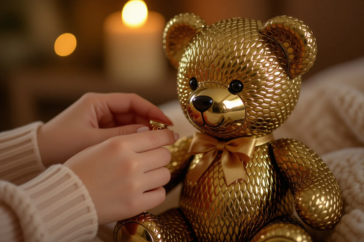Woman's hands discovering hidden mechanism on surprise teddy bear gift