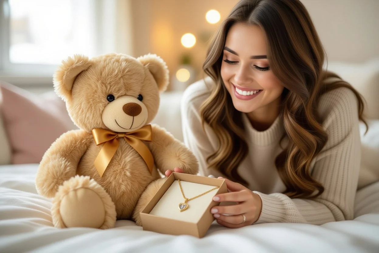Happy woman enjoying surprise necklace gift hidden in metallic teddy bear at home