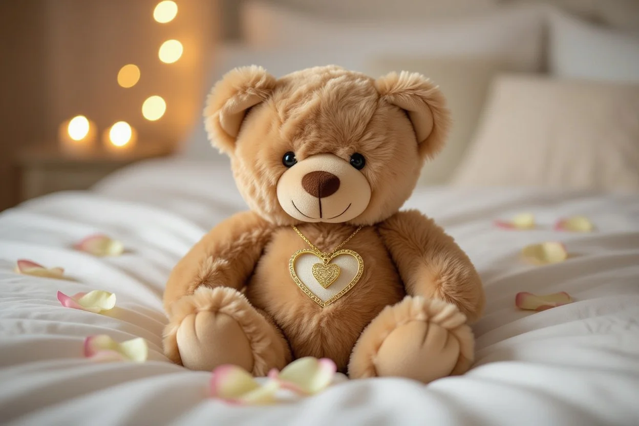Romantic teddy bear gift with hidden necklace surprise for Valentine's Day