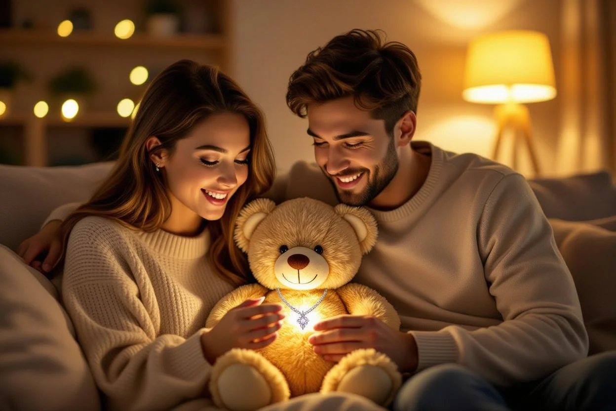 Couple sharing romantic moment discovering hidden necklace in teddy bear gift