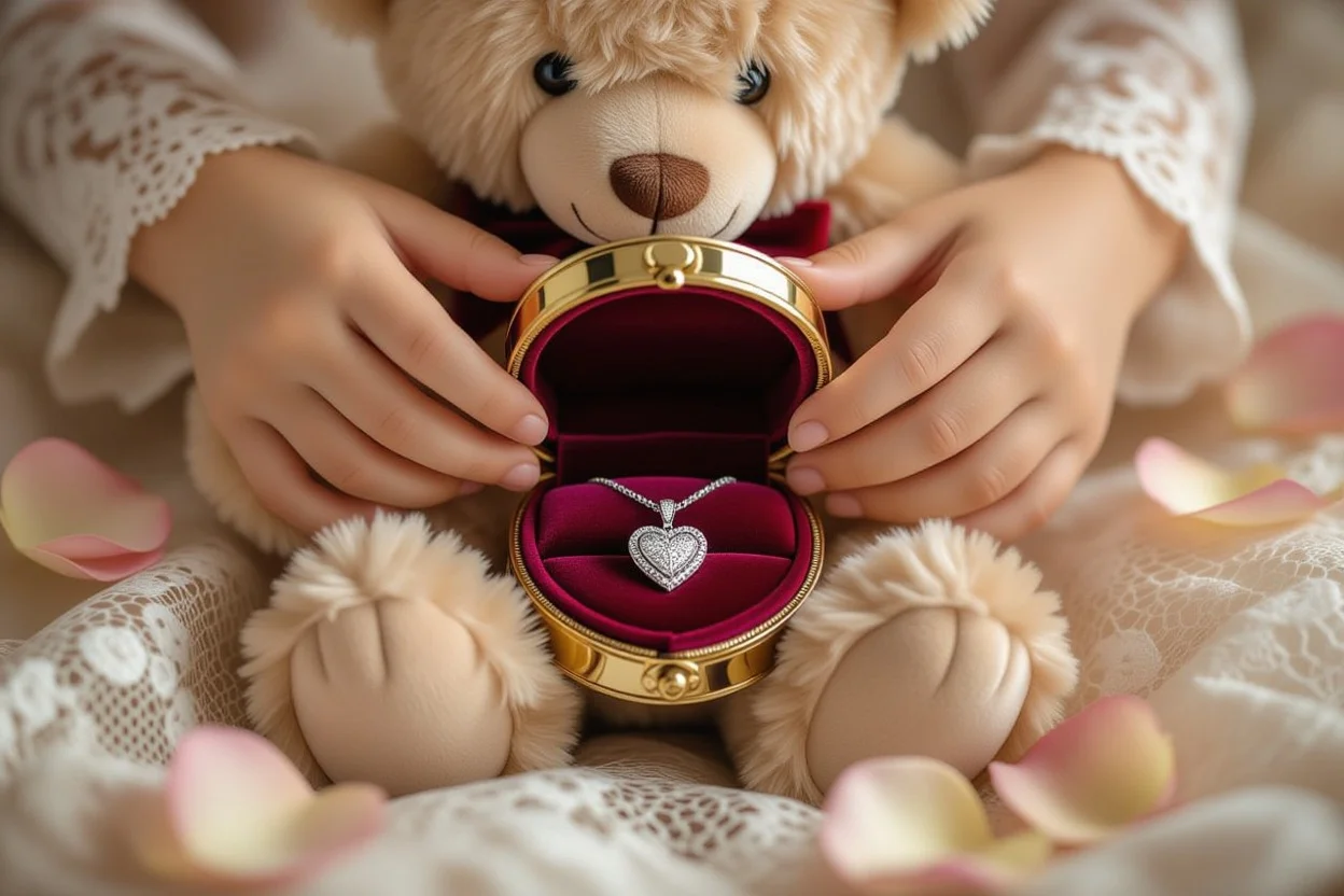 Close-up of hidden jewelry compartment in romantic teddy bear gift