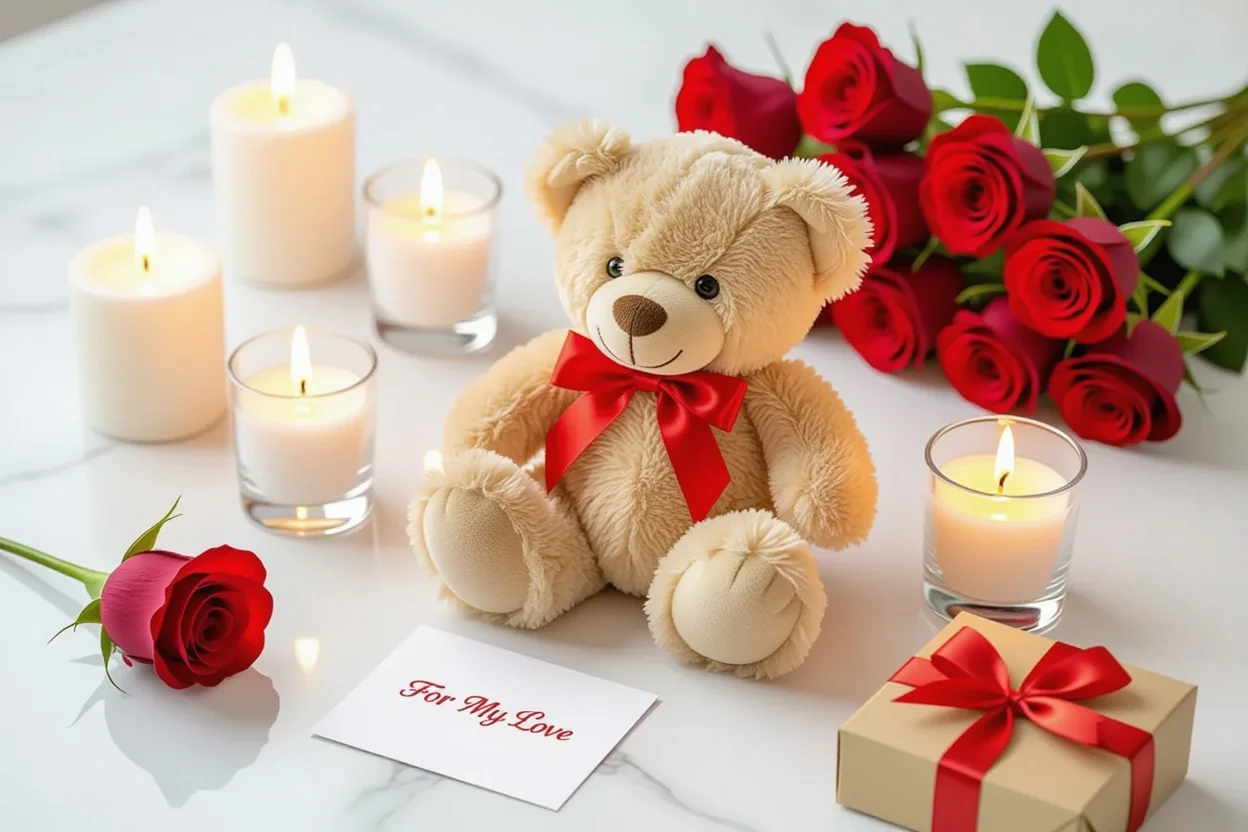 Luxury romantic gift arrangement featuring teddy bear with hidden necklace for Valentine's Day