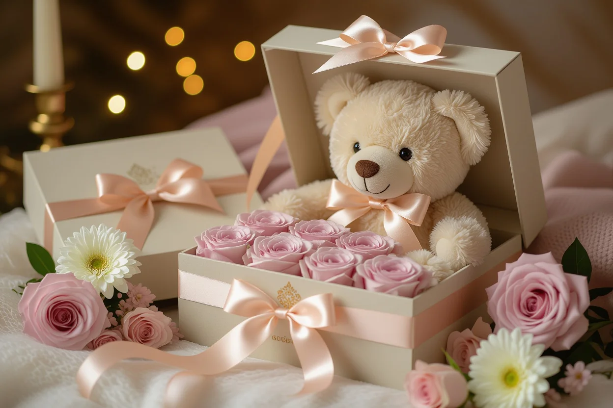 Luxury teddy bear gift with preserved roses and romantic packaging for Valentine's Day