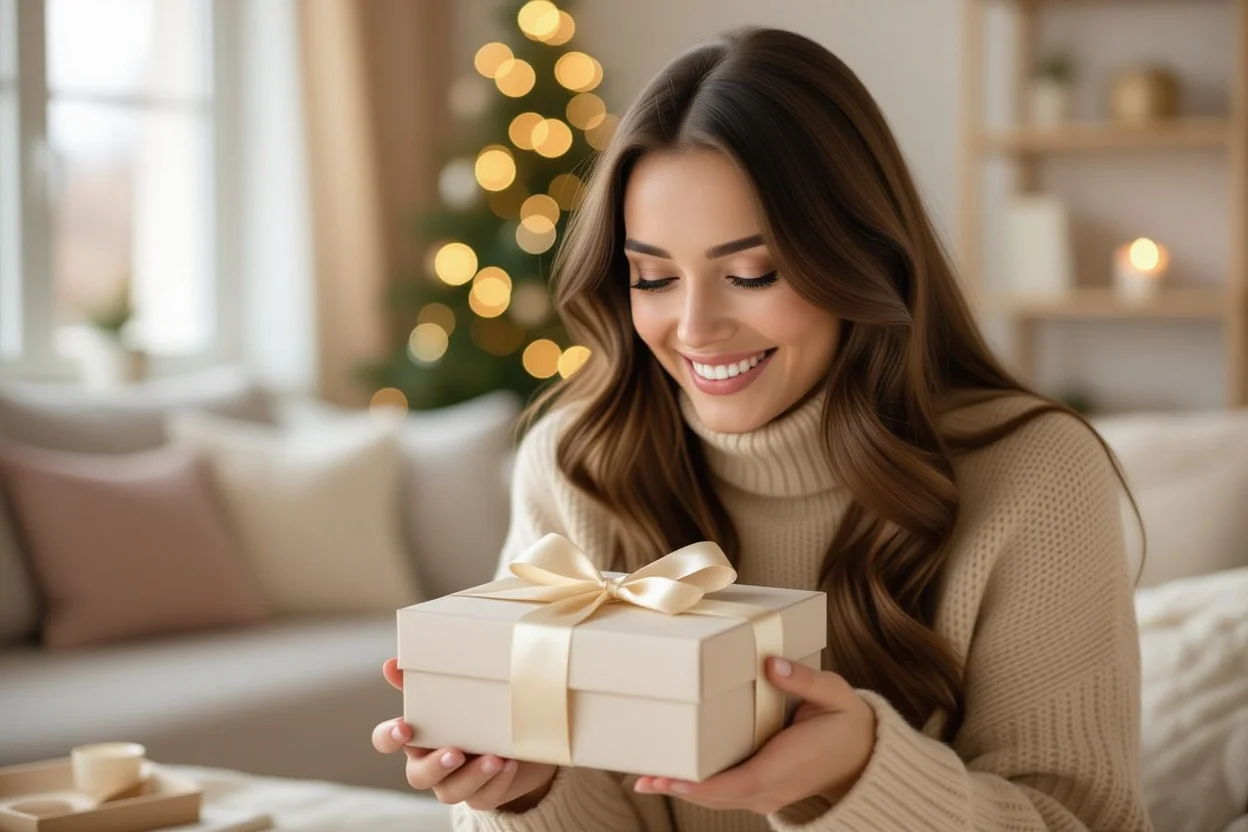 Woman surprised and delighted while opening a thoughtful romantic gift
