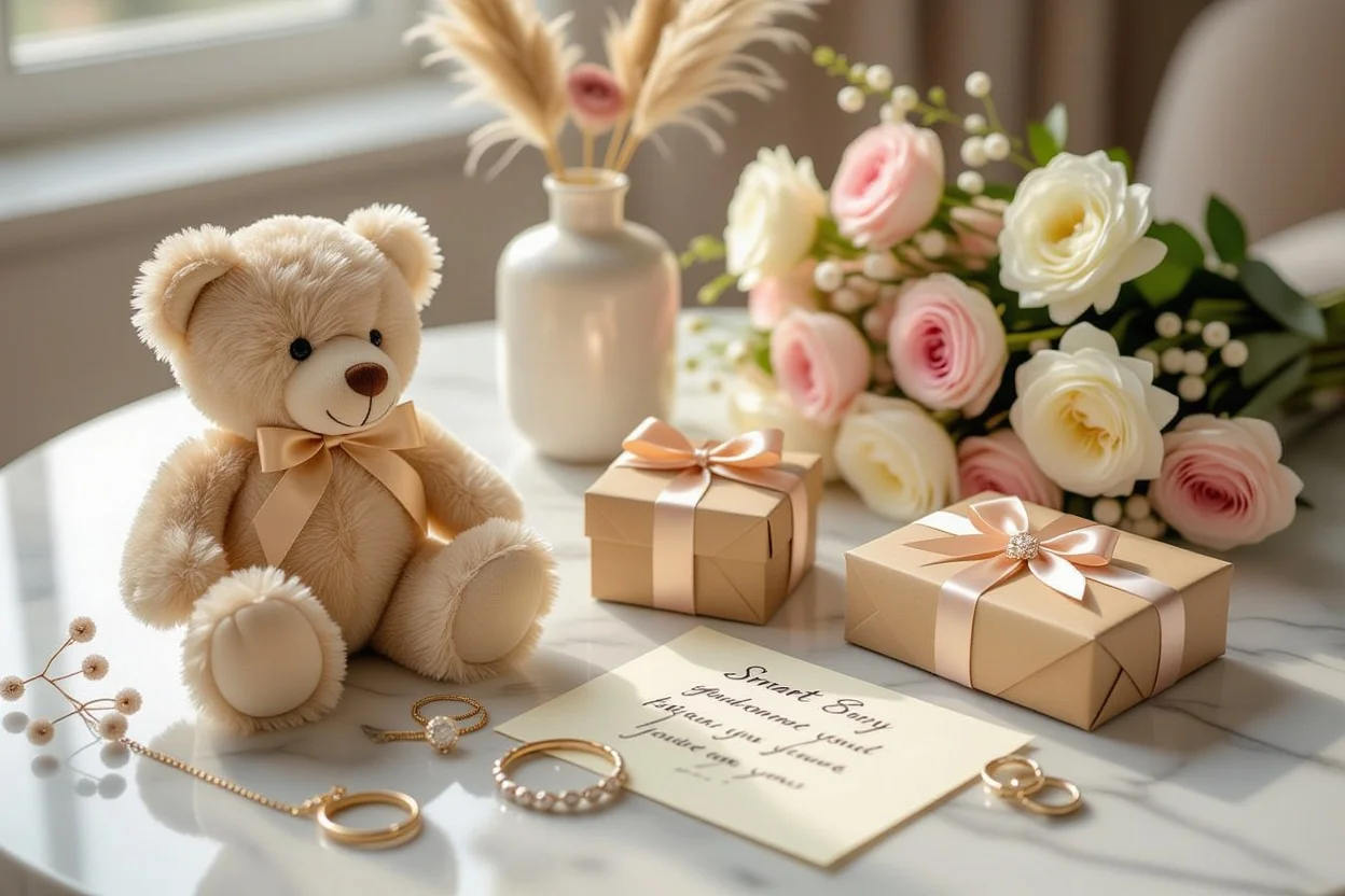 Curated collection of smart romantic gifts including teddy bear and preserved flowers