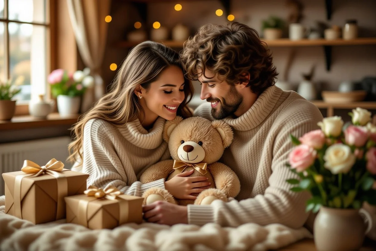 Couple enjoying intimate moment with thoughtful romantic gifts in cozy home setting