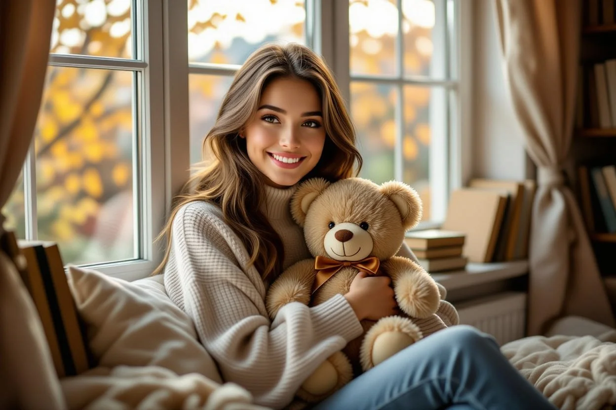 Woman receiving thoughtful teddy bear gift in cozy home setting - romantic surprise gifts