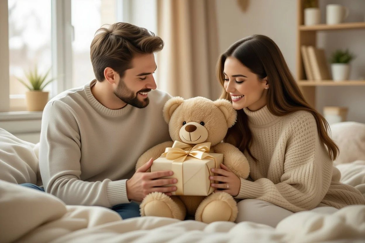 Romantic gift giving moment - man surprising girlfriend with teddy bear on ordinary day