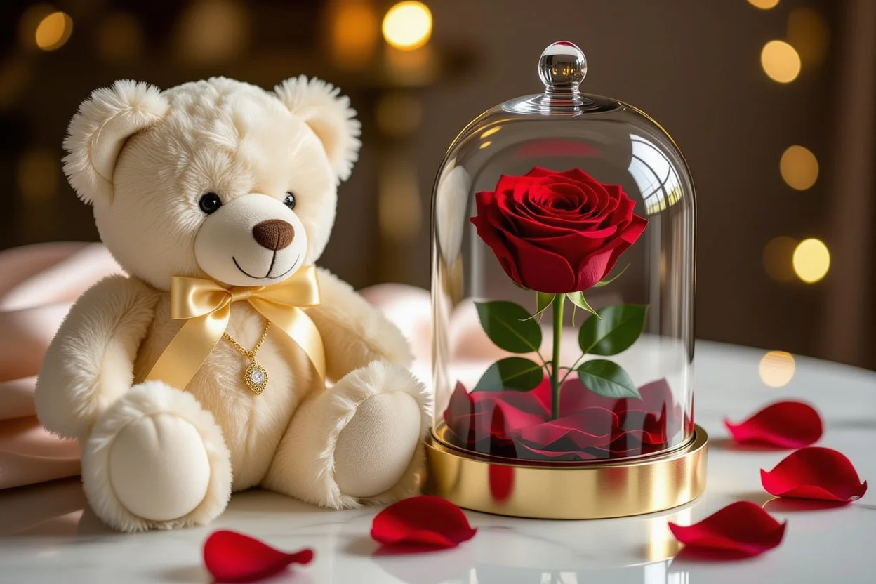 Romantic teddy bear gift set with hidden necklace and preserved rose in glass dome