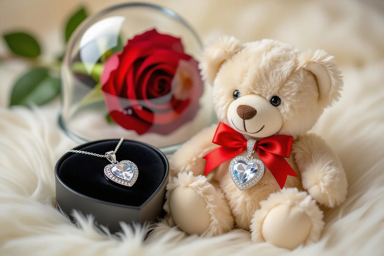 Close-up of hidden heart necklace inside teddy bear with preserved rose gift set