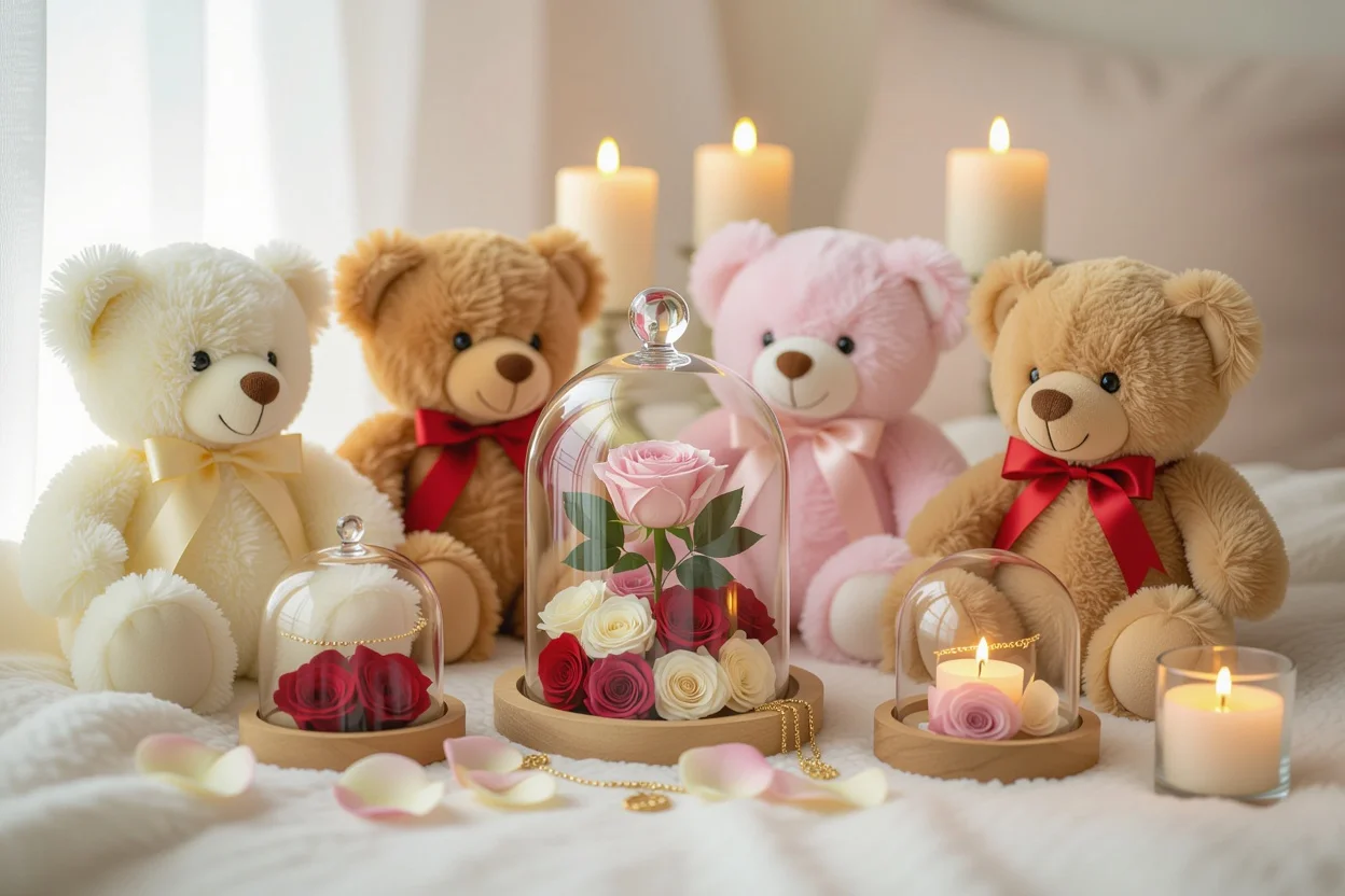 Romantic gift collection featuring teddy bears with hidden necklaces and preserved roses