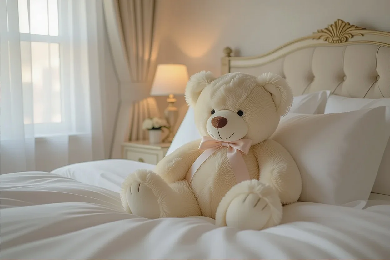 Luxurious teddy bear gift on elegant bed showing practical romantic gift ideas for her