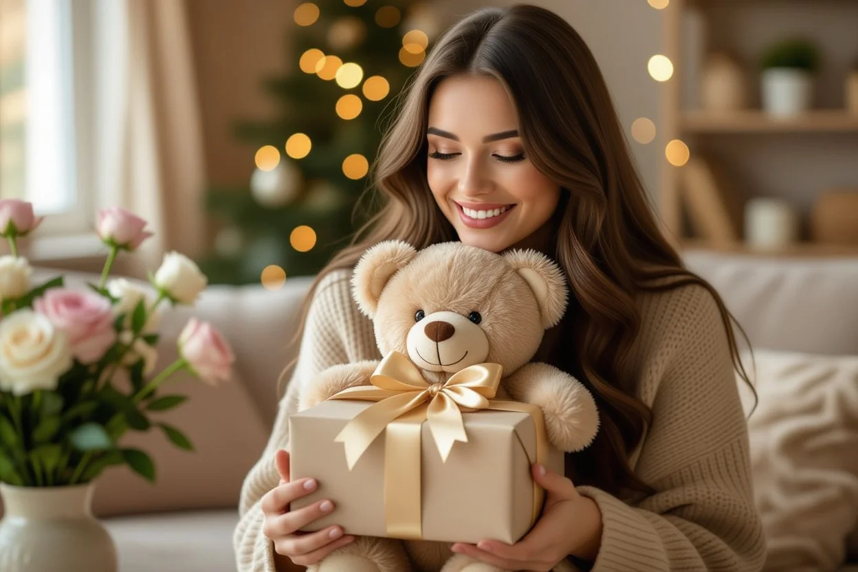 Woman receiving meaningful teddy bear gift showing emotional impact of thoughtful Valentine's Day presents