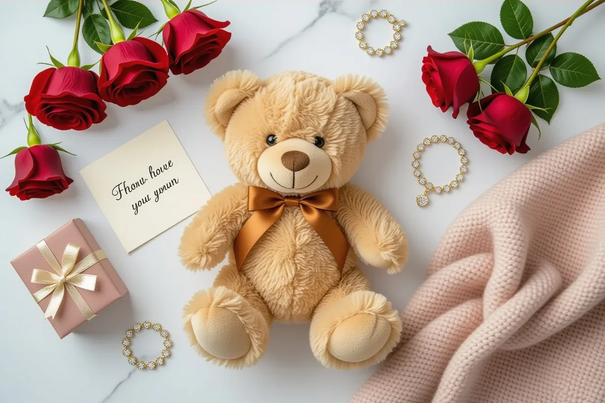 Romantic gift collection featuring teddy bear and practical anniversary gifts for her flat lay
