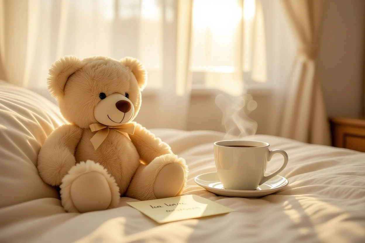 Comfort teddy bear on bed with morning coffee and love note - meaningful daily gifts for relationships