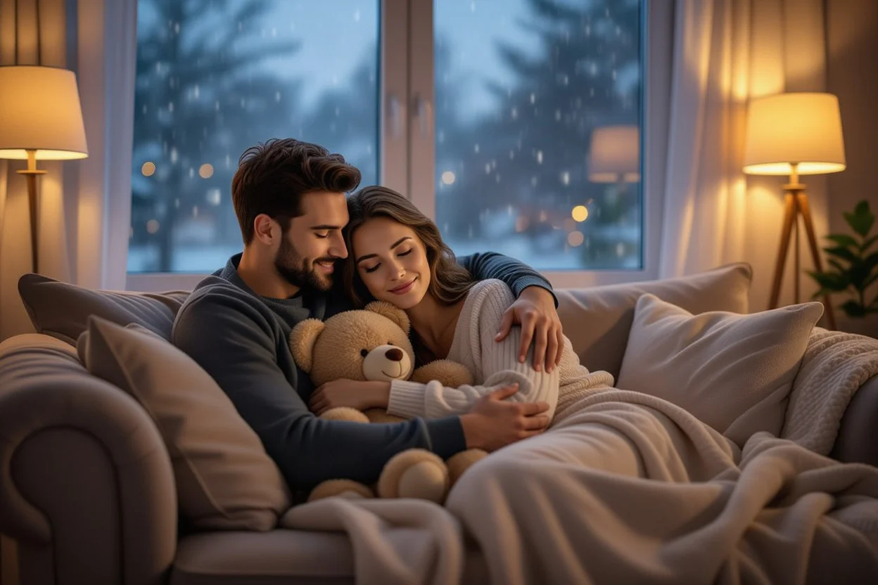 Couple cuddling with comfort bear on rainy afternoon - romantic gifts for everyday love and comfort