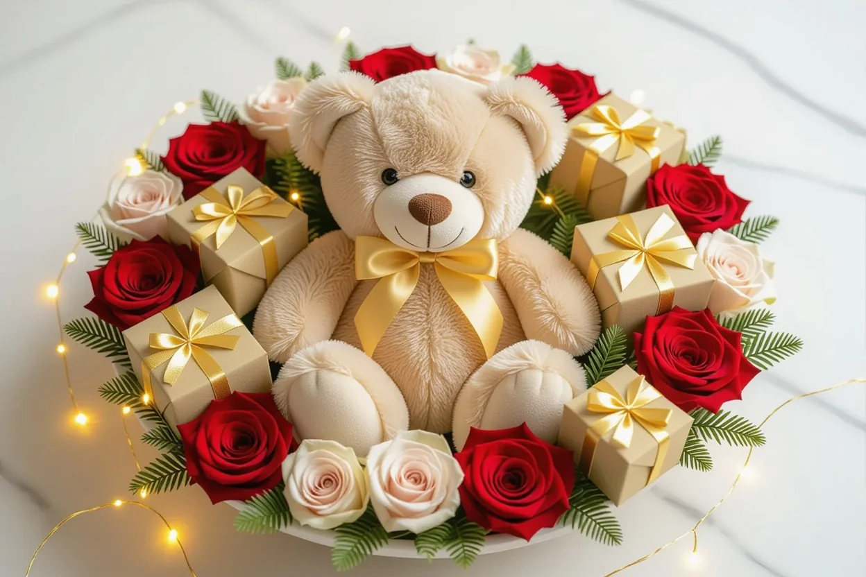 Luxury comfort bear gift set with preserved roses and romantic lighting - meaningful gifts for her