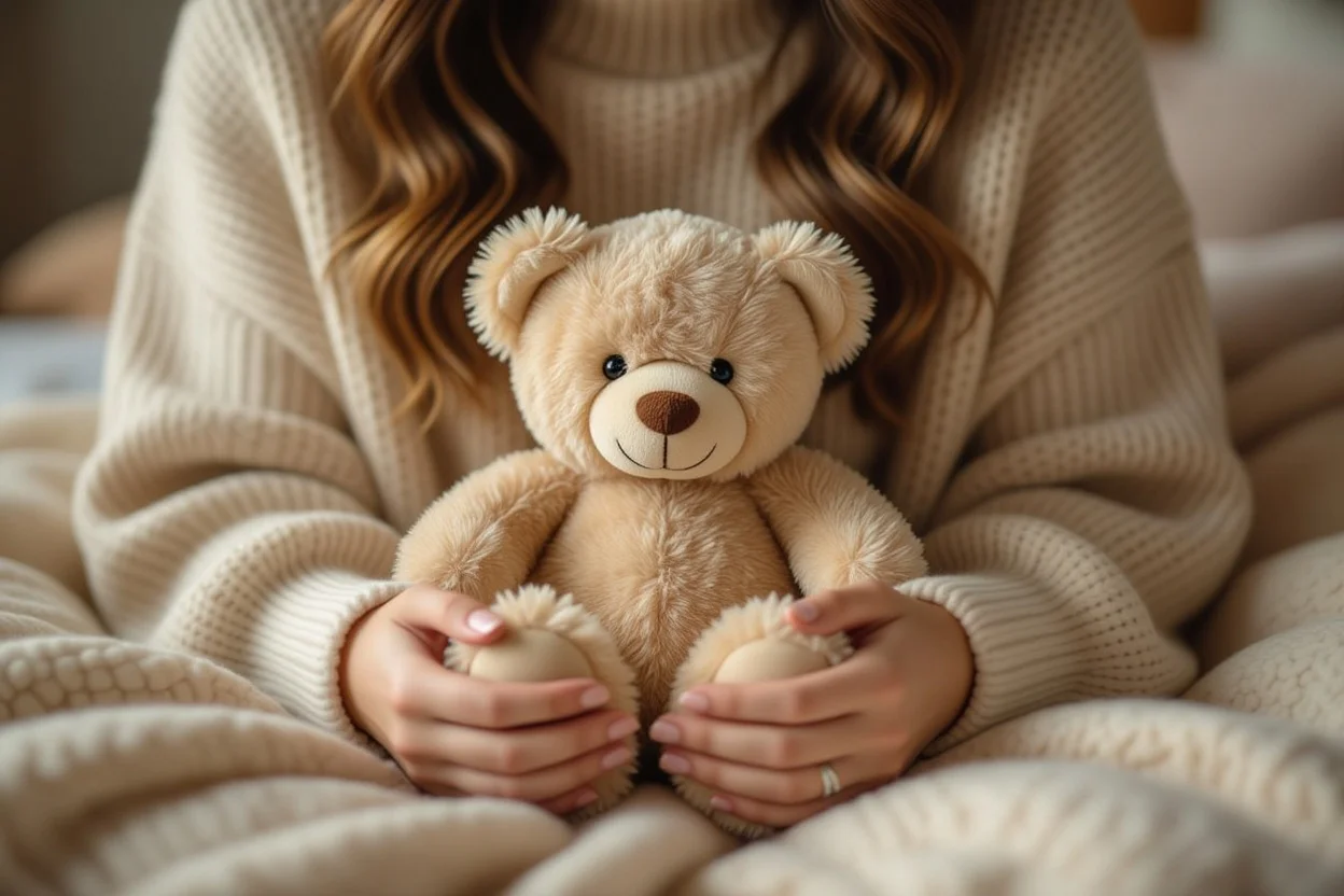 Hands holding comfort teddy bear in cozy bedroom setting - daily comfort gifts and romantic gestures