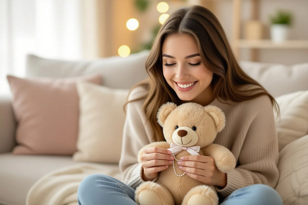Woman discovering hidden necklace surprise inside teddy bear gift - romantic surprise moment