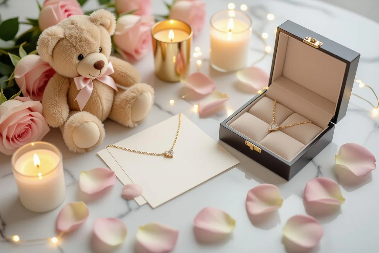 Romantic gift arrangement with teddy bear and hidden necklace - perfect surprise gift setup