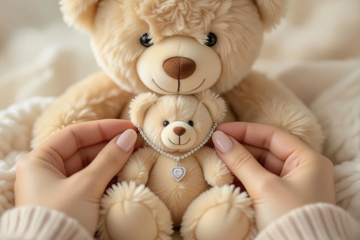 Close-up of elegant necklace from teddy bear surprise gift - romantic jewelry detail
