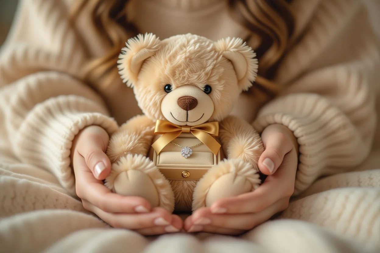Teddy bear with hidden jewelry compartment opening to reveal romantic surprise